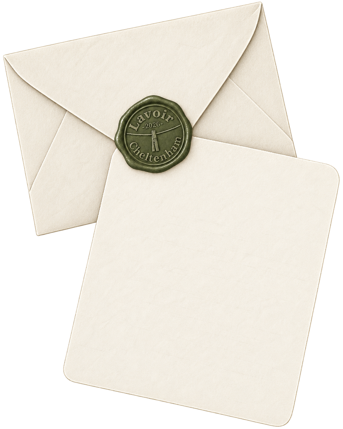 An off-white paper envelope with a round green wax seal featuring the text 'Lavoir 2024 Chichienah' in a serif font, shown with a blank matching card or insert in front on a white background.